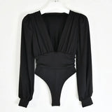 Bodysuit Sexy Black Deep V Neck Puff Sleeve Bodycon Jumpsuit Elastic Casual Party Winter Bodysuits Body Tops