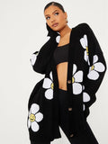 Women Y2K Grunge Vintage V-neck Ribbed Trim Sweaters Jacket Heart/Flower Print Button-down Cardigan Fall