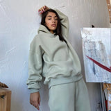 Hooded Sweatshirt and High Waist Trouser Suits Fashion Autumn Winter Solid Loose 2 Piece Female Set Tracksuit Black
