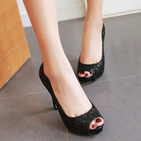Sgesvier Sexy Super Thin High Heel Glitter Peep Toe Women Pumps Ladies Prom Bling Platform Shoes Elegant Autumn Single Shoe