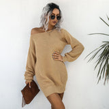 Winter Diagonal Collar Loose Casual Solid Sweater Dress Streetwear Harajuku Y2K Vestido Lantern Sleeve Dresses Robe