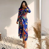 Floral Print High Waist with Belt Women Midi Dress Y2K 2021 Summer Casual Long Sleeve Deep V-neck Bodycon