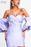 Off Shoulder Puff Sleeves Mini Slim Dress Women V Neck Strapless Lantern Sleeve Mini Dress Celebrity Party Club Satin