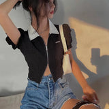 Women Polo T-shirt Short Sleeve Casual Polo Crop Top Slim White Tee Shirt Femme Streetwear Tshirt Female Summer