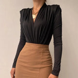 V Neck Brown Bodycon Bodysuit Women Autumn Long Sleeve Top Bodies Sexy Solid Female Overalls Casual Bodysuits