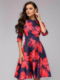 pleated tunic print dress women Elegant ladies A line dresses Long sleeve female autumn mixi party dress