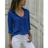 Spring Autumn Sexy Deep V Neck Chiffon Long Sleeve Ladies Work Shirts Casual Slim Button Women's Blouse White Solid