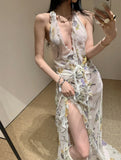 French Holiday Style V-Neck Hanging Neck Wood Ear Dress Chiffon Three-Dimensional Flowers Bare Back Sexy Evening Dress