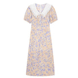 Vintage Broken Flowers Dress Lace Doll Collar Puff Short Sleeve Casual Fashion High Waist Baggy Long Skirt Ladies