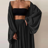 Solid Color Three-Piece Set 2022 Autumn Women Tube Top Beach Dress Crop Top Trousers Long Sleeve Cardigan 3 Piece Set