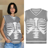 Skull Print V Neck Oversized Sweater Harajuku Casual Loose Knitted Top Pullovers Korean Punk Ladies Jumper