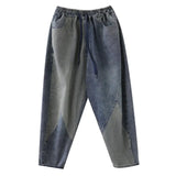 Spring New Arts Style Women Elastic Waist Patchwork Stripe Cotton Denim Harem Pants All-matched Casual Loose Jeans