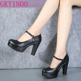 Genuine Leather shoes Women Round Toe Pumps Sapato feminino High Heels Fashion Black Work Shoe Plus Size