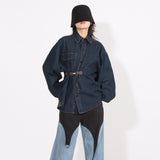 2025 New Fashion Retro Niche Design Sense Washed Waist Show Skinny Denim Coat Women's Long-Sleeved