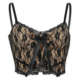 Double Layer Black Mesh Sexy Crop Top Zipper Bow Sleeveless Cami Tops Tee Backless Spaghetti Strap Top