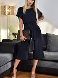 Summer Fashion Short-sleeved Women's Jumpsuit with Waist Button Cropped Trousers Temperament Commuter Office Women's
