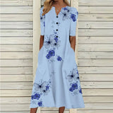 V Neck Short Sleeve Button Party Dress Women Vintage Printed Dress Casual Loose Flower Ladies Dresses Vestidos
