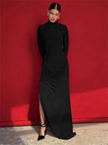 Turtleneck Long Sleeve Draped Slit Maxi Dress- Outfit