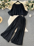 Senior Pleated Suits Long Flare Sleeves Ruched Top+High Waist Wide Legs Pants Female 2023 Autumn Solid Streetwear