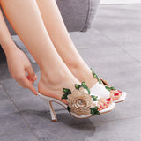 Cm Square Head High Heel Sandals Slippers Wine Glasses And Temperament Embroidered Flowers Women's Shoes White Fish Mouth Light