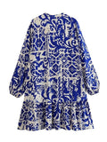Blue Print Mini Dress Woman Long Sleeve Short Dresses For Women Ruched Loose Women's Dress 2023 Summer Casual