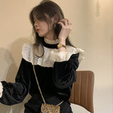 Sales Women Patchwork Hollow Out White Lace Tops Stand Collar Formal Design Black Cute Sweet Ruffled Shirts Blouses
