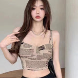 Newspaper Print Camisole Women Slanted Shoulder Hollow Sleeveless Tops Beautiful Back Woman's Spring