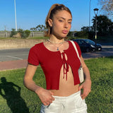 Tops Cardigan Tees New Ribbed T-Shirts Knitted Tie Front Short Sleeve Casual Lady Plain tank top women T-Shirt