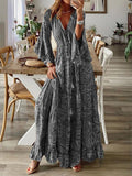 Zingj Bohemian Horn Sleeve Print V-Neck High-Waist Holiday Dress Floral Dress-Outfit