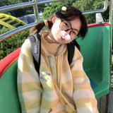 Japanese Kawaii Cartoon Dog Embroidery Knited Cardigan Women All Match Striped Sweater Jackets Hooded Coats