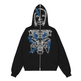 New Skeleton Print Zip Hoodie Women Cotton Loose Top Japan Harajuku Y2K Style White Hoodie Gothic Pop