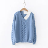 Autumn Winter Knitted Pullover Sweater Women Long Sleeve Spliced V Neck Sweater Pink White Blue Red