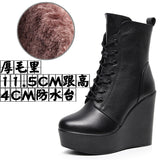 Head 12Cm High Slope And Waterproof Table Mid-Sleevel Boots With Side Zipper Women's Boots Pine Cake Plus Velvet Winter Warm Leather