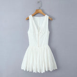 White Embroidery Hook V-neck Mini Dress- Outfit