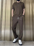 Casual Two Piece Sets Men Fashion O Neck Short Sleeve Tee + Drawstring Design Long Pants Outfits For Mens New