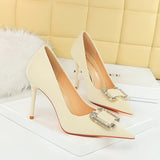 Zingj Fashion Banquet High Heels Fine Heel Shallow Pointed Satin Metal Water Diamond Buckle Single Shoe
