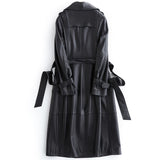 Autumn Long Black Leather Trench Coat for Women Long Sleeve Belt Lapel Luxury Spring British Style Outerwear