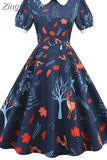 Women Vintage Dress Floral Print Peter pan Collar Elegant Party Dress Puff Short Sleeve Pin Up 50s Party Sundress