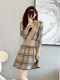 V-Neck Plaid Short Knitted Cardigan + High Waist Mini Skirts Two-Piece Female Fashion Sweet Suit Korean Autumn 2023