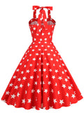 Print Red Strapless Halter Casual Pinup Dress Retro Vintage Audrey Hepburn 50s Gothic Swing Rockabilly Dresses Robe