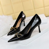 Zingj High-Heeled Women's Shoes Fine Heel Bright Face Lacquer Leather Shallow Mouth Tip OL High Heel Metal Belt Buckle Single