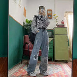street clothing retro trend pocket jeans female letter star print high waist casual oversized straight pants
