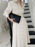 Autumn Women Dress Fashion Female Puff Sleeve Vintage Solid Midi Shirt Dress Casual Single Breasted Waistband Chic