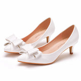 Wedding Dress Tip Single Shoe Fine Heel Single Shoe Bow Tip Shoes Large White Wedding Shoes Low