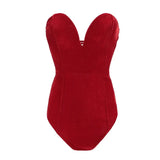 Burgundy Strapless Velvet Sexy Bodysuit Women Sweetheart Bodycon Backless Lace Up Body 2022 V Neck Party