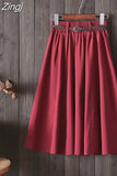 Women Preppy Style Summer Skirt Casual A-line Solid With Belt Mid-length Fashion Elegant Chic Girls Midi Skirts