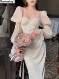Summer Autumn New Women Fashion Elegant Puff-Sleeve Midi Corset Dresses Evening Prom Female Party Lady Clothes