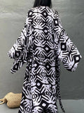 Casual Printed Long Sleeve Self Belted Kimono Dress Women Casual Elastic Waist Long Loose Slit Beach Dresses