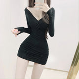 Women's Mini Blue Long Sleeve White Dress 2021 Summer Tops Blue Sexy V Neck Short Thin Body Tight Hip Dresses Girl
