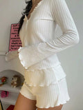 Women 2 Pieces Summer Y2K Outfits Solid Color Fairy Lettuce Trim Long Sleeves Tops and Elastic Shorts Club